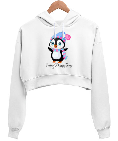 Tisho - MERRY CHRİSTMAS Beyaz Kadın Crop Hoodie Kapüşonlu Sweatshirt