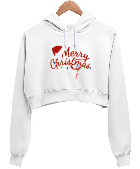 MERRY CHRİSTMAS Beyaz Kadın Crop Hoodie Kapüşonlu Sweatshirt - Tisho