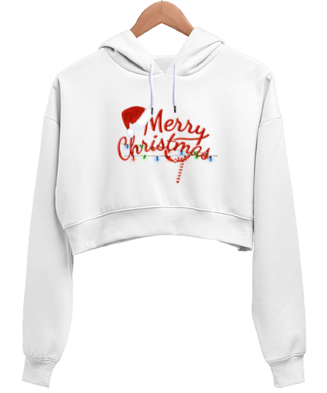 Tisho - MERRY CHRİSTMAS Beyaz Kadın Crop Hoodie Kapüşonlu Sweatshirt