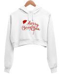 MERRY CHRİSTMAS Beyaz Kadın Crop Hoodie Kapüşonlu Sweatshirt - Tisho