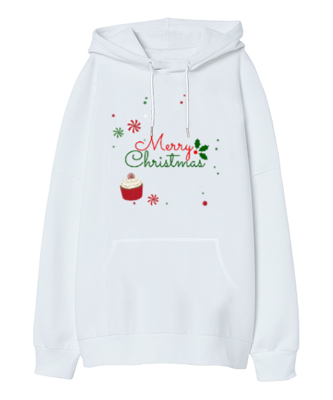 Tisho - MERRY CHRİSTMAS Beyaz Oversize Unisex Kapüşonlu Sweatshirt