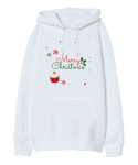 MERRY CHRİSTMAS Beyaz Oversize Unisex Kapüşonlu Sweatshirt - Tisho