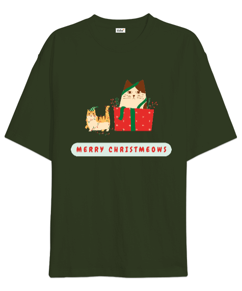 Tisho - Merry Christmeows Kedili Noel Haki Yeşili Oversize Unisex Tişört