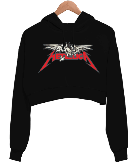 Tisho - Metallica Heavy Metal Skull Wings Siyah Kadın Crop Hoodie Kapüşonlu Sweatshirt