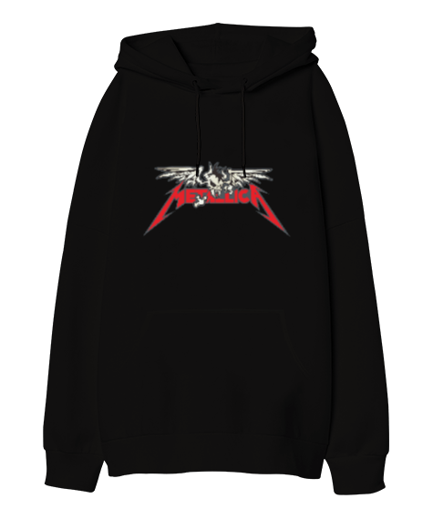 Tisho - Metallica Heavy Metal Skull Wings Siyah Oversize Unisex Kapüşonlu Sweatshirt