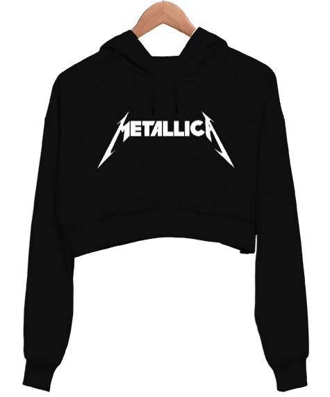 Tisho - Metallica Heavy Metal Tasarım Baskılı Siyah Kadın Crop Hoodie Kapüşonlu Sweatshirt