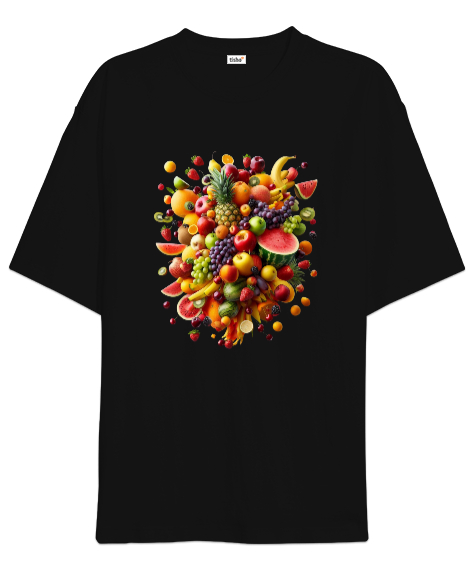 Tisho - Meyveler Baskılı Siyah Oversize Unisex Tişört