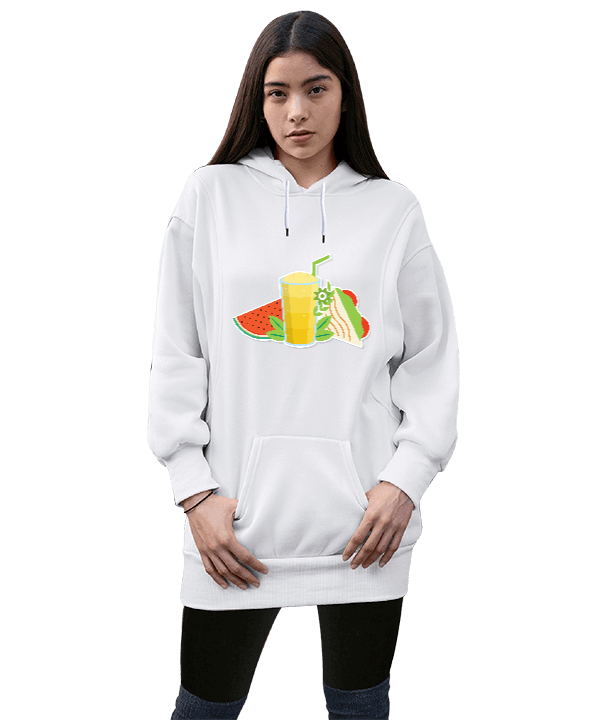 Tisho - meyveler Kadın Uzun Hoodie Kapüşonlu Sweatshirt