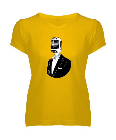 Tisho - Mikrofon Kafa - Fantastik Sarı Kadın V Yaka Tişört