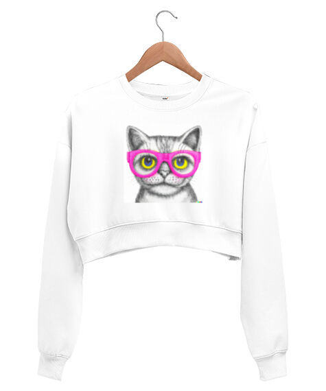 Tisho - Mini kedi kara kalem Beyaz Kadın Crop Sweatshirt
