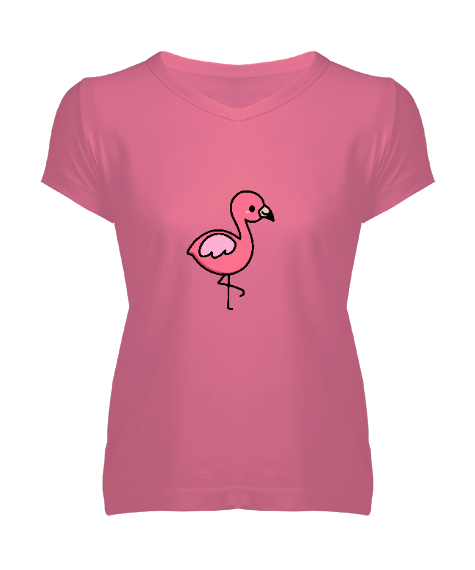 Tisho - Minik Flamingo Görselli Pembe Kadın V Yaka Tişört