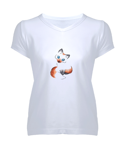 Tisho - Minik Sevimli Tilki Beyaz Kadın V Yaka Tişört