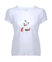 Minik Sevimli Tilki Beyaz Kadın V Yaka Tişört - Tisho