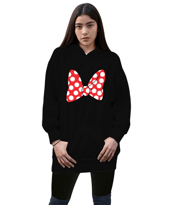 Tisho - Minnie kurdelesi baskılı kız Kadın Uzun Hoodie Kapüşonlu Sweatshirt