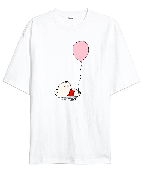 Tisho - Miskin Sevimli Balonlu Ayı Yavrusu Beyaz Oversize Unisex Tişört