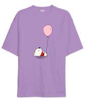Miskin Sevimli Balonlu Ayı Yavrusu Lila Oversize Unisex Tişört - Tisho