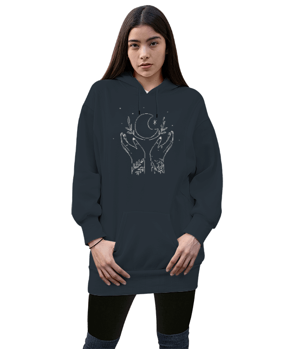 Tisho - Mistik Ay Tutmak Eller ve Ay Temalı Kadın Uzun Hoodie Kapüşonlu Sweatshirt