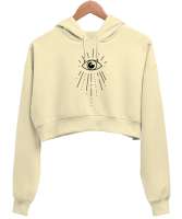 Mistik Göz - Nazar Krem Kadın Crop Hoodie Kapüşonlu Sweatshirt - Tisho