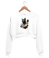 Mistik Kedi - Cat Beyaz Kadın Crop Sweatshirt - Tisho