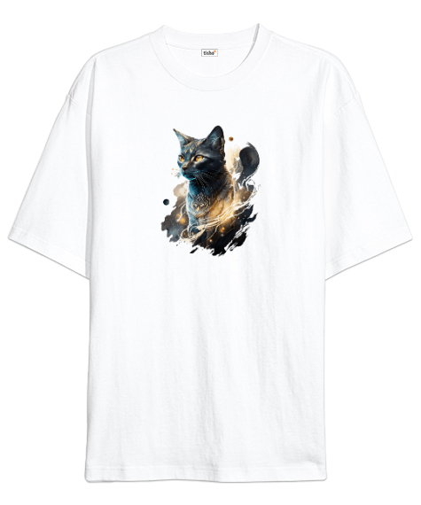 Mistik Kedi - Cat Beyaz Oversize Unisex Tişört - Tisho