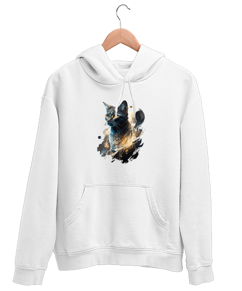 Mistik Kedi - Cat Beyaz Unisex Kapşonlu Sweatshirt - Tisho