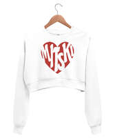 Mitski Kalp Heart Kırmızı Beyaz Kadın Crop Sweatshirt - Tisho