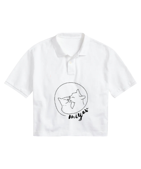 Tisho - miyav Beyaz Kadın Crop Polo Yaka Tişört