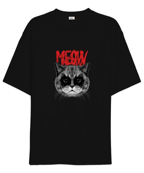 Tisho - Miyavlayan kara kedi Siyah Oversize Unisex Tişört