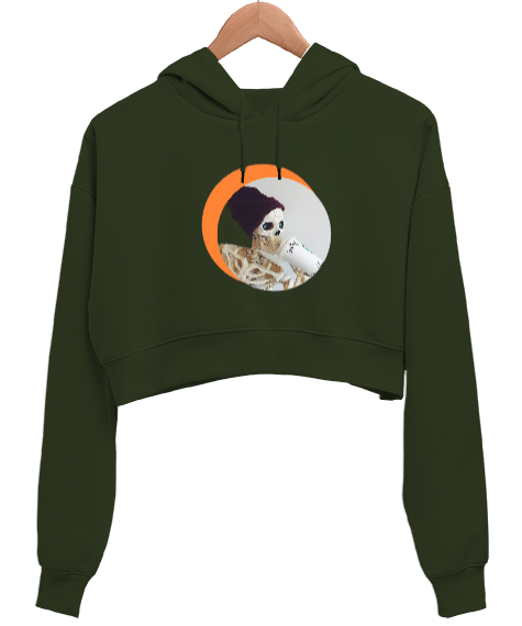 Tisho - MOD KAHVE Haki Yeşili Kadın Crop Hoodie Kapüşonlu Sweatshirt