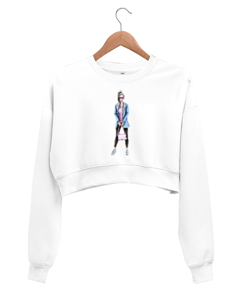 Tisho - Modern giyim baskılı Beyaz Kadın Crop Sweatshirt