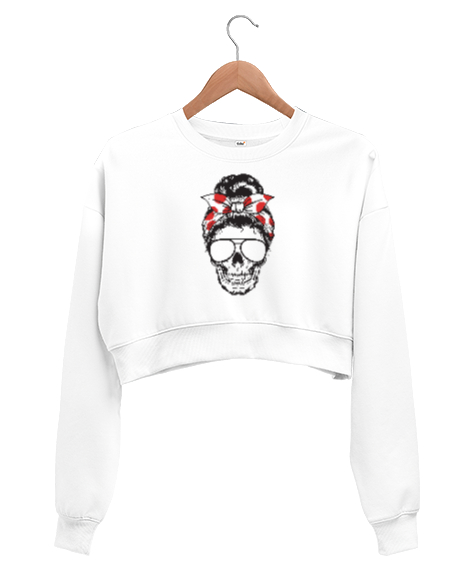 Tisho - Mom Head Skull Beyaz Kadın Crop Sweatshirt