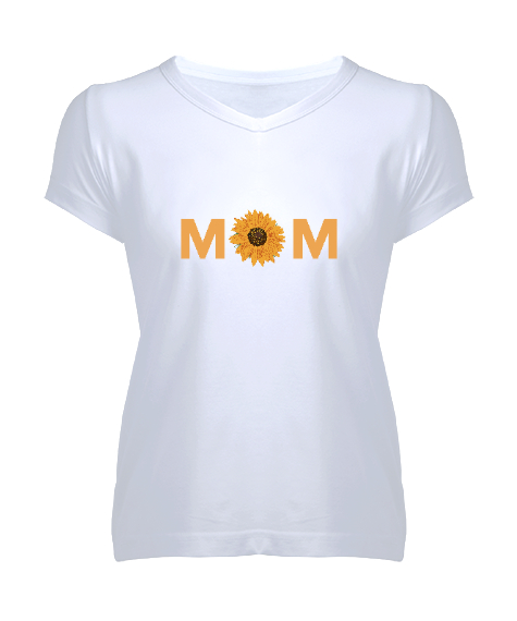 Tisho - Mom Yazılı Beyaz Kadın V Yaka Tişört