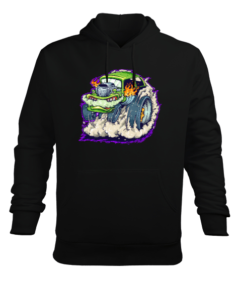 Tisho - Monster Car - Araba Siyah Erkek Kapüşonlu Hoodie Sweatshirt