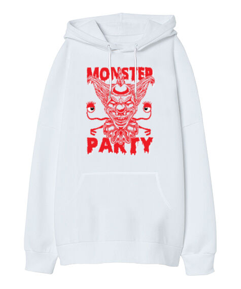 Tisho - Monster Party Beyaz Oversize Unisex Kapüşonlu Sweatshirt