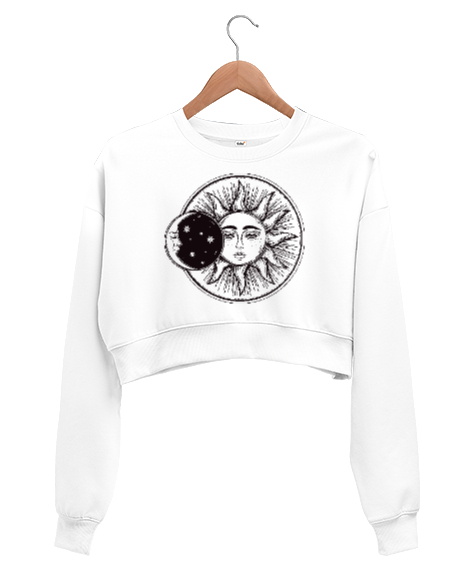 Tisho - MOON AND SUN Beyaz Kadın Crop Sweatshirt