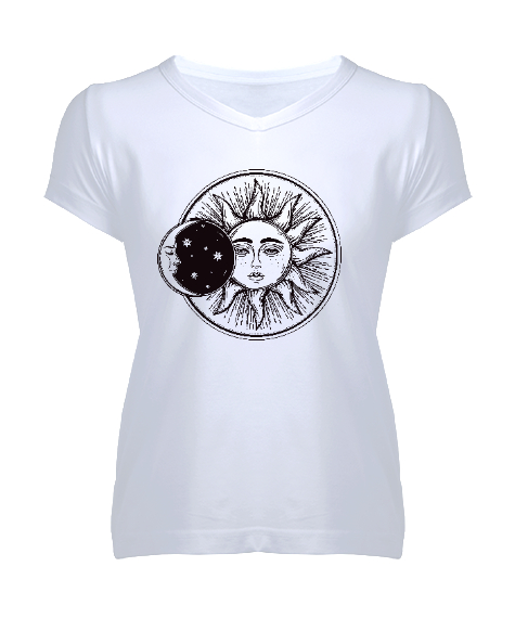 Tisho - MOON AND SUN Beyaz Kadın V Yaka Tişört