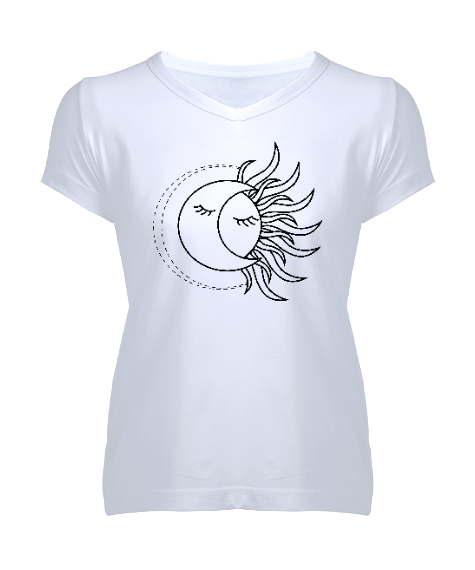 Tisho - Moon And Sun - Güneş ve Ay Beyaz Kadın V Yaka Tişört
