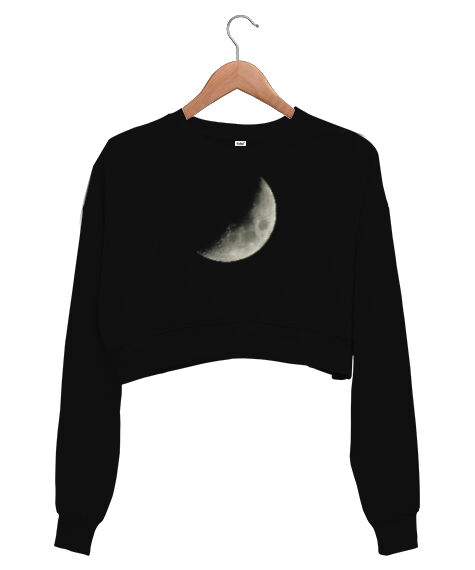 Tisho - Moon - Yarım Ay Siyah Kadın Crop Sweatshirt