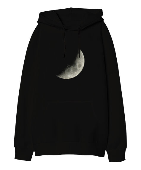Tisho - Moon - Yarım Ay Siyah Oversize Unisex Kapüşonlu Sweatshirt