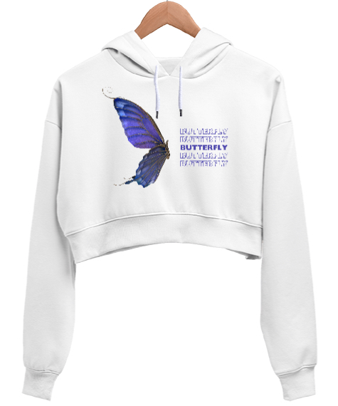 Tisho - Mor Butterfly Beyaz Kadın Crop Hoodie Kapüşonlu Sweatshirt