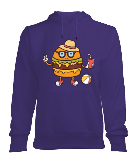 Mor Hamburger Desenli Sweatshirt Kadın Kapşonlu Hoodie Sweatshirt