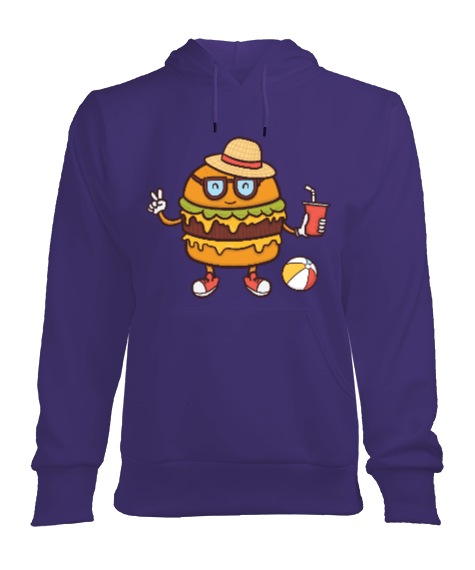 Tisho - Mor Hamburger Desenli Sweatshirt Kadın Kapşonlu Hoodie Sweatshirt