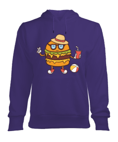 Tisho - Mor Hamburger Desenli Sweatshirt Kadın Kapşonlu Hoodie Sweatshirt