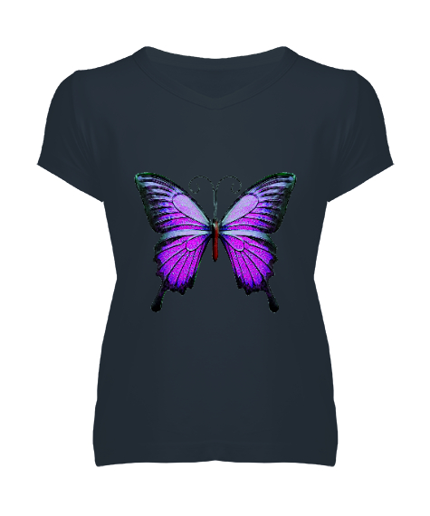 Tisho - Mor Kelebek Füme Kadın V Yaka Tişört