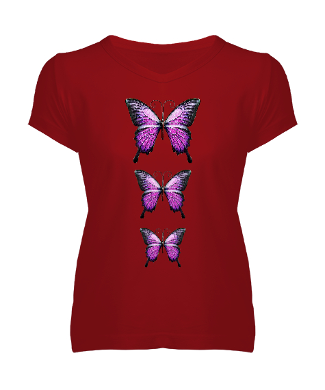 Tisho - Mor Kelebek Kırmızı Kadın V Yaka Tişört