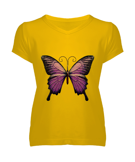 Tisho - Mor Kelebek Sarı Kadın V Yaka Tişört