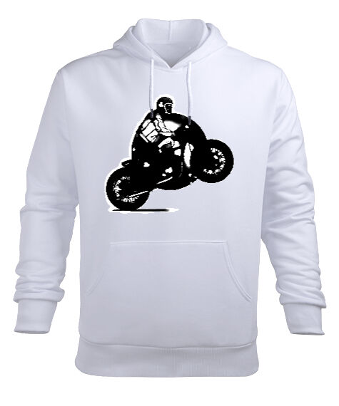 Tisho - Motor Tasarımlı Beyaz Erkek Kapüşonlu Hoodie Sweatshirt