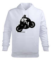 Motor Tasarımlı Beyaz Erkek Kapüşonlu Hoodie Sweatshirt - Thumbnail