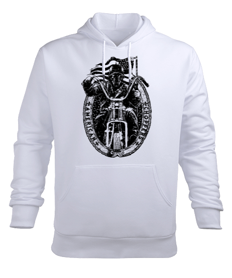 Tisho - MOTORCU Beyaz Erkek Kapüşonlu Hoodie Sweatshirt