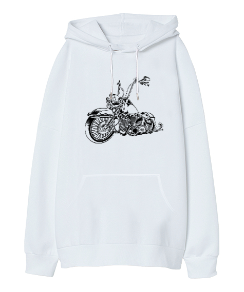Tisho - Motorcycle - Motosiklet Beyaz Oversize Unisex Kapüşonlu Sweatshirt